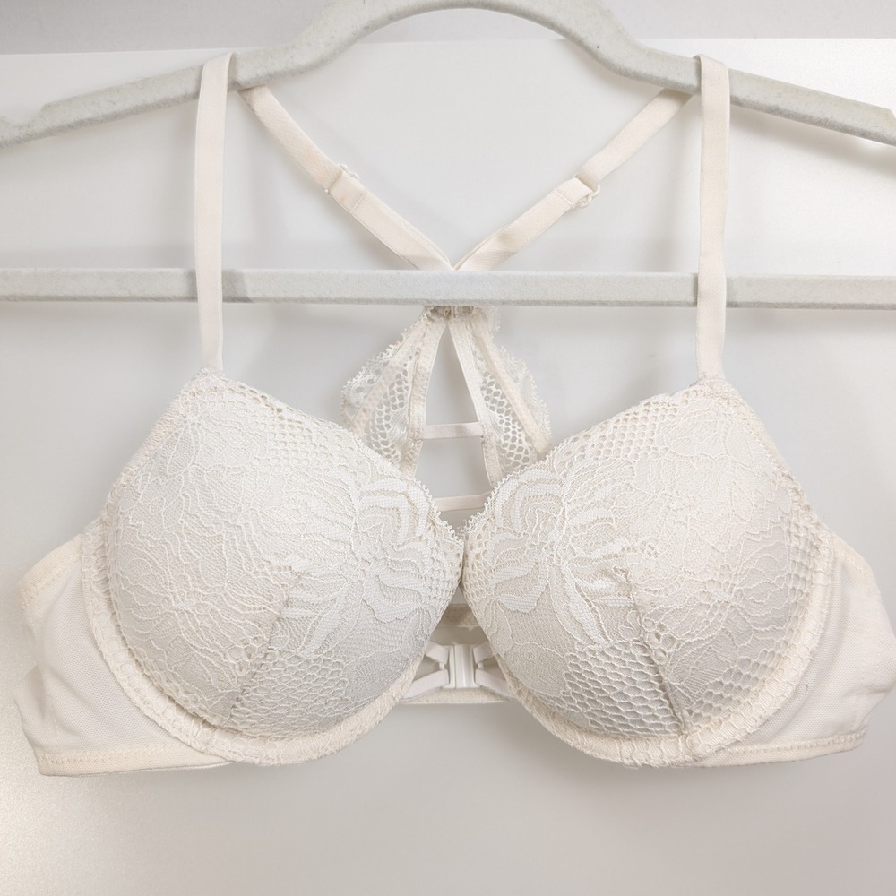 Auden Front Close Lightly Lined Racerback Bra‎ Size 34A Cream Floral Lace Fairy
